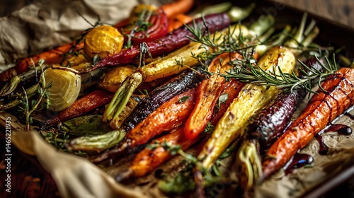 Delicious Roasted Vegetables With Herbs and Colors on a Rustic Baking Tray