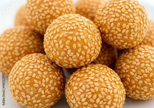 A close up shot of a pile of sesame balls on a white surface in a well lit environment today
