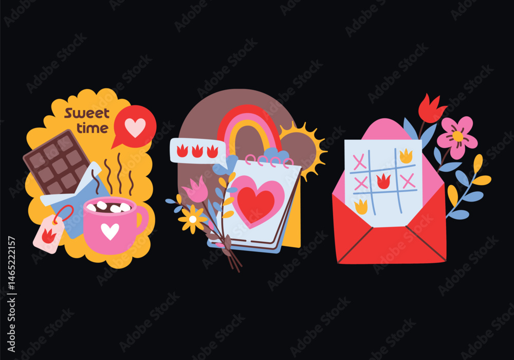 Obraz premium Spring and summer set of holiday compositions in retro cartoon style, Cute doodle illustrations in 80s-90s style, trendy flat stickers for decor and printing. Sweets, mug with tea, calendar, envelope.
