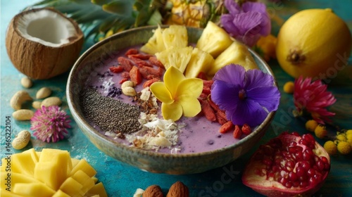 Enjoy a Vibrant Vegan Smoothie Bowl Topped With Colorful Tropical Fruits and Edible Flowers