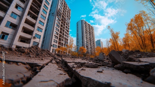 Massive Earthquake Hits Modern Chinese Residential Complex Urban Landscape Photography Dramatic Scene Ground Level Disaster Preparedness