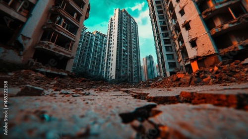 Massive Earthquake Shakes Modern Chinese Residential Complex Urban Ruins Dramatic Landscape Ground Level View