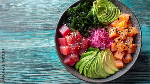 Vibrant Poke Bowl Featuring Colorful Diced Fish and Fresh Toppings on Wooden Surface