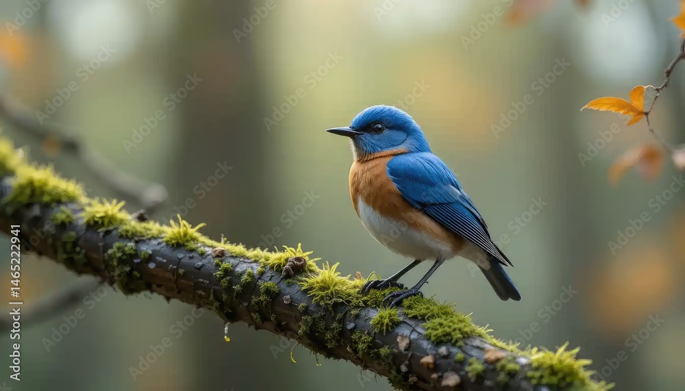 Vibrant Bluebird on Mossy Branch in Autumn Forest Vibrant Bluebird on Mossy Branch in Autumn Forest