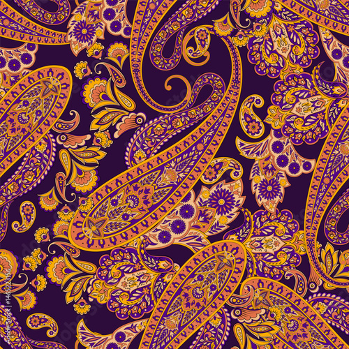 Floral seamless pattern with paisley ornament. Vector illustration in asian textile style