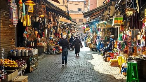 Vibrant market street view in Marrakech, Morocco, offering a sensory experience