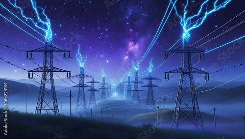 Electric power lines stretch across the dark landscape beneath the bright lights of the aurora borealis