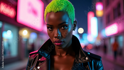 A stylish woman stands confidently in a vibrant neon-lit city, exuding boldness and urban flair. Her short, vibrant green hair complements her striking features and leather jacket.