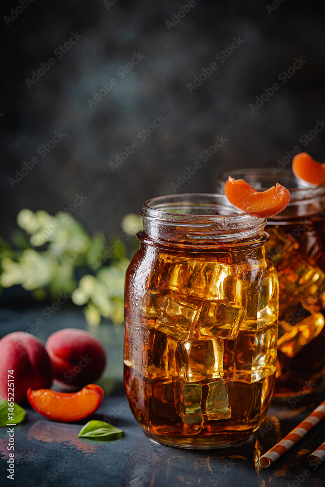 Glass of peach or apricot iced tea with fruit slices against dark blue background