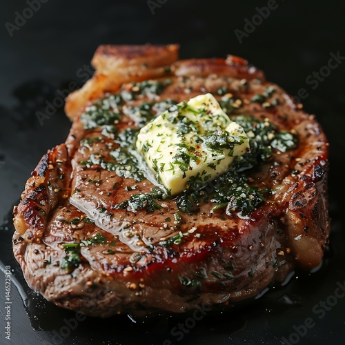 Juicy grilled steak topped with melting herb butter on a dark surface, showcasing a delicious, perfectly cooked gourmet meat dish.

