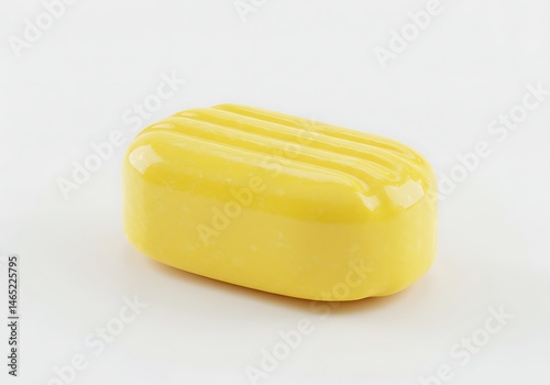 A close up of a yellow rectangular object with ridges on a white surface in a studio setting