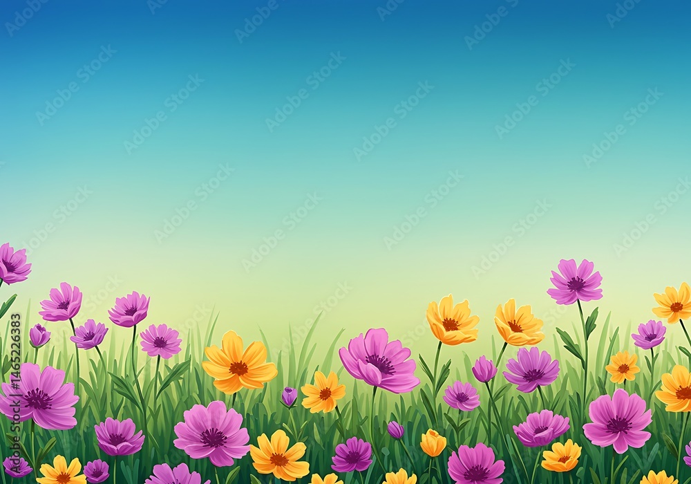 Fototapeta premium Vibrant Spring Flowers Meadow, Blue Sky Background