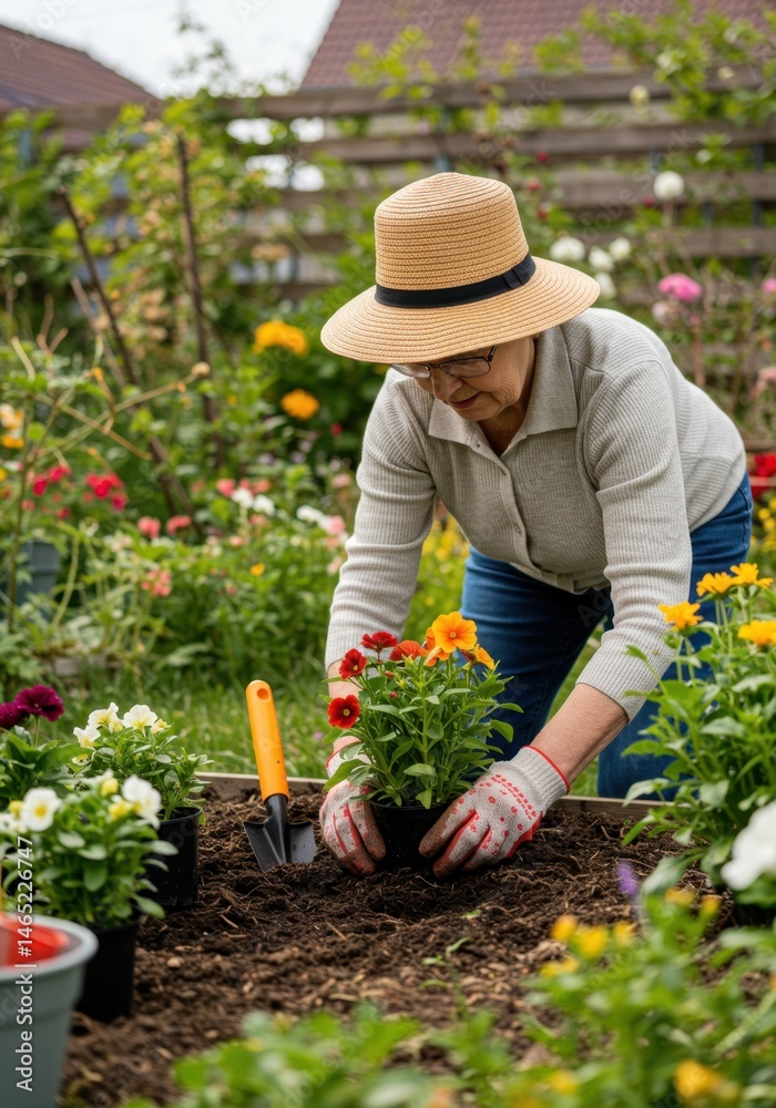 Fototapeta premium Elderly Woman Gardening: Planting Flowers in a Vibrant Garden