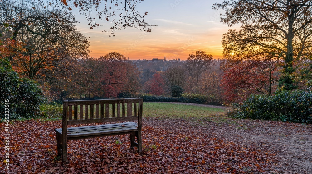 Autumnal park bench at sunset overlooking city Autumnal park bench at sunset overlooking city