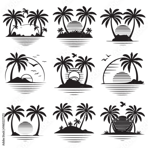 Tropical Paradise Icons: A collection of intricate black-and-white graphic icons showcases idyllic tropical islands, each featuring palm trees, a radiant sun, and serene water elements.