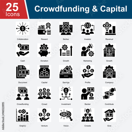 Crowdfunding & Capital is a collection of icons illustrating funding sources, financial contributions, investor support, and capital growth for startups and business ventures. 