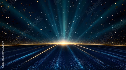 A digital - art image of a road stretching into the distance. It has a glowing horizon with rays of light and countless small, sparkling elements against a dark, star - filled background. 