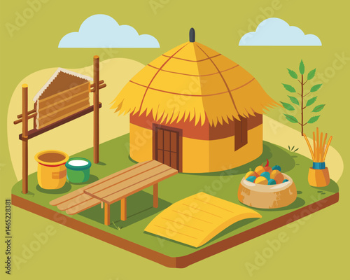 African Village Hut. Thatch Roof House in Rural Landscape