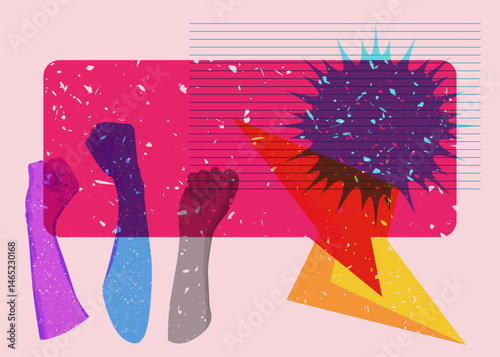 Risograph Clenched fist with speech bubble with geometric shapes. Objects in trendy riso graph print texture style design with geometry elements.