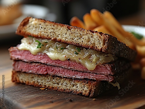 Close up of a gourmet steak sandwich with caramelized onions and cheese.
