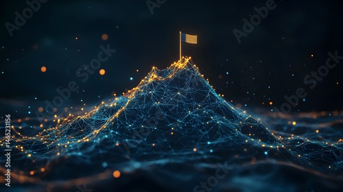 Abstract digital mountaintop with glowing flag.