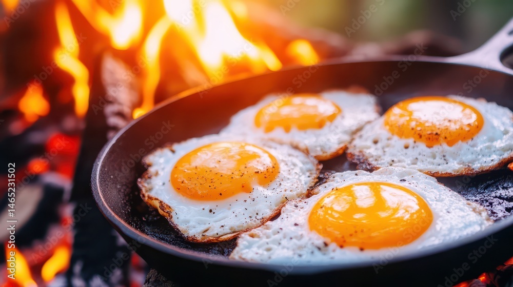Golden Fried Eggs Delight: A close-up shot of fried eggs cooking in a rustic pan, with the fire's warm glow adds a tempting touch to the classic breakfast.