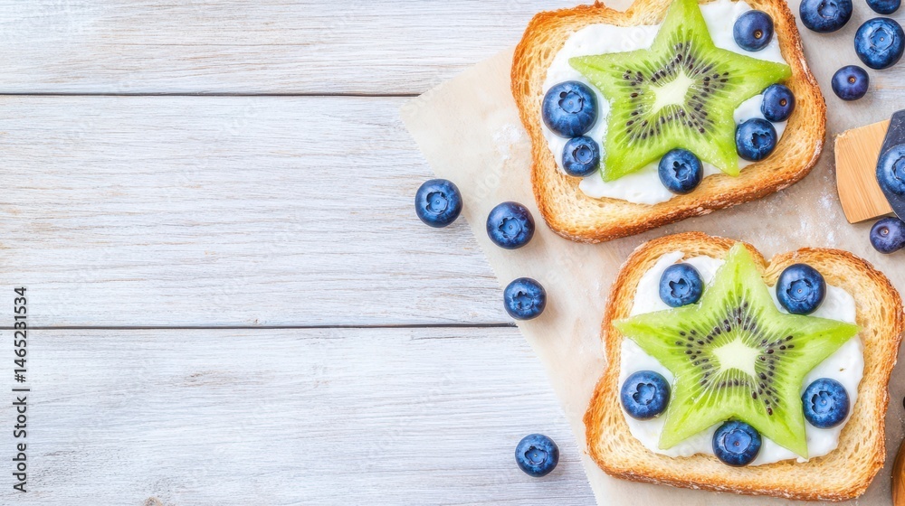Kiwi and Blueberry Delight: A vibrant top-down view showcases two slices of toasted bread, elegantly adorned with creamy spread, kiwi star shapes, and fresh blueberries.