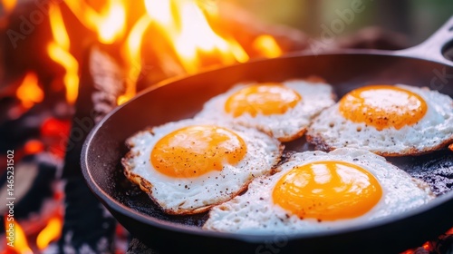 Obraz na płótnie Golden Fried Eggs Delight: A close-up shot of fried eggs cooking in a rustic pan, with the fire's warm glow adds a tempting touch to the classic breakfast. w salonie
