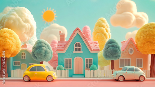 Adorable illustration of a colorful cartoon neighborhood with houses cars trees and clouds