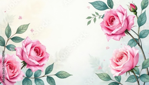 Delicate watercolor roses & leaves, soft pastel hues, illustration, print, bloom