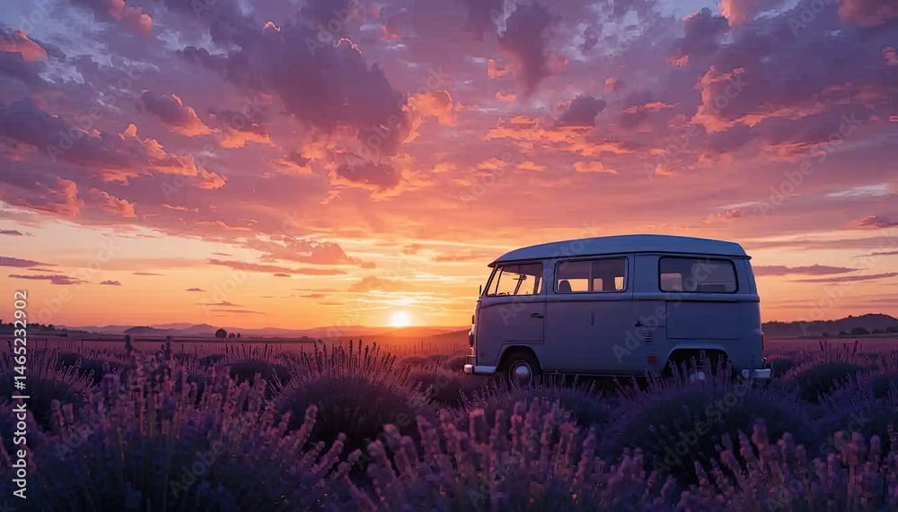 Fototapeta premium Sunset Serenity: Van in Lavender Field