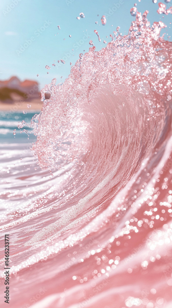 Fototapeta premium A bright pink wave splashes gently on a minimalist beach, symbolizing creativity, calm, and surreal beauty. A simple, vibrant coastal scene blending nature with playful artistic expression.