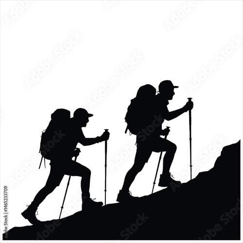 Minimalist black and white silhouette of hikers and climbers in dynamic poses on rugged terrain