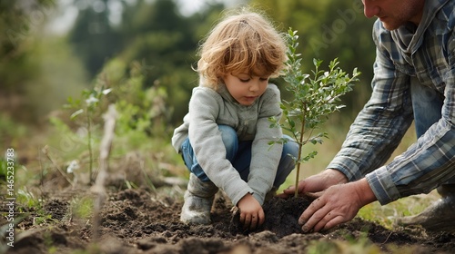 A young child and an adult planting a small tree together in a garden setting on a sunny day outdoors