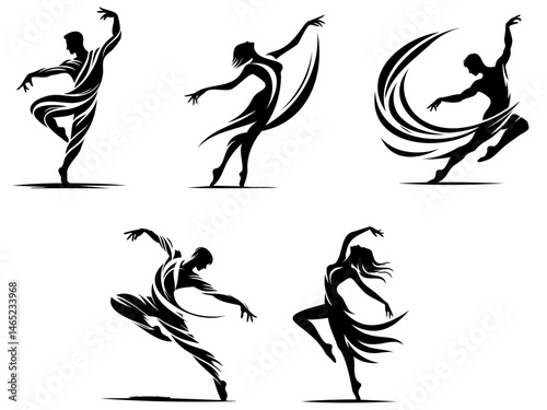 Dancer Silhouettes Collection - Black and White Dancing Vector Graphic Artwork