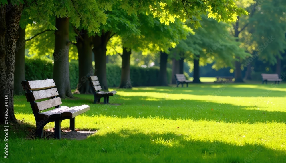 Fototapeta premium Green grass, lush lawn, empty park benches, outdoor seating Relaxing summer scene , tranquility, vegetation, fresh