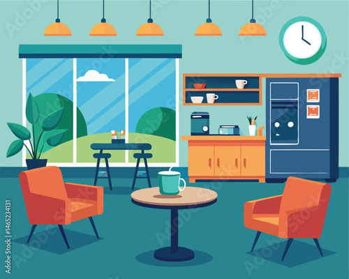 Modern Office Break Room Design with Green View