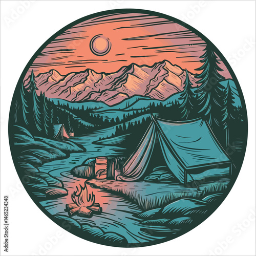 Monoline Illustration of Peaceful Mountain Morning Camping Scene with Tent and Campfire