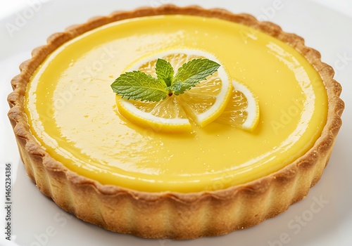 A lemon tart with a pastry crust and lemon slices and mint leaves on top on a white surface view from above