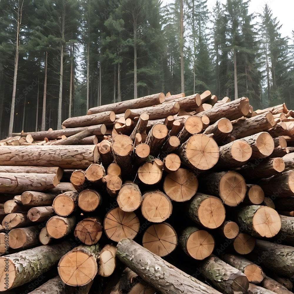 A large pile of freshly cut logs is visible in the foreground. A large pile of freshly cut logs is visible in the foreground.