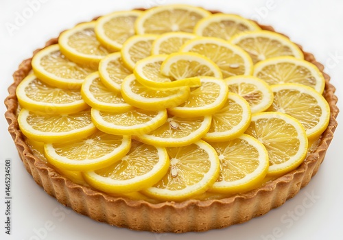 A delicious lemon tart with a crust and many lemon slices arranged on top of the filling in a pattern