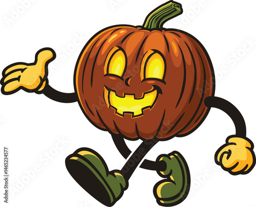 Cartoon character of a carved pumpkin that is lit up and walking