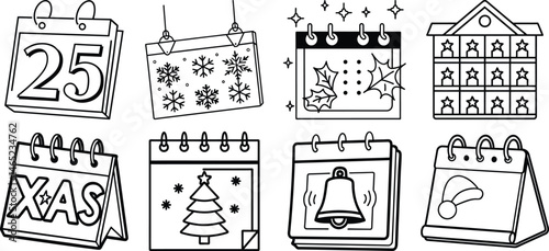 Christmas Calendar Icons Bundle – Minimalist Line Art Holiday Dates and Symbols Isolated on transparent background