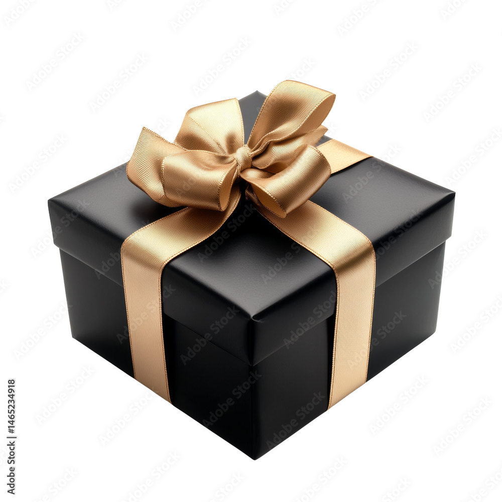 Fototapeta premium Elegant black gift box tied with a luxurious gold ribbon on white background