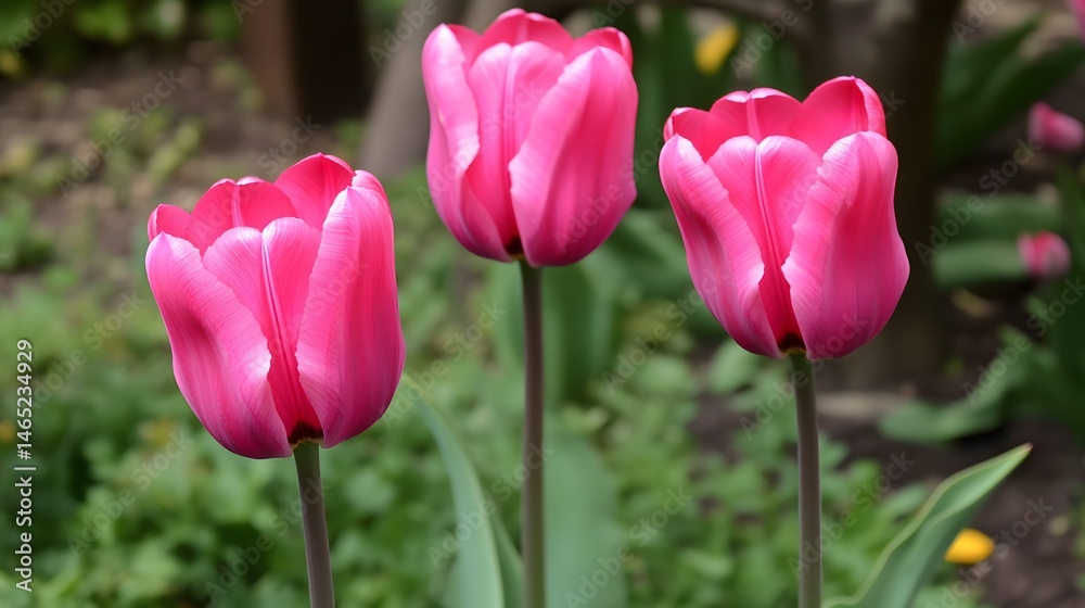 Obraz premium Three Pink Tulips Blooming in Garden Spring Flowers