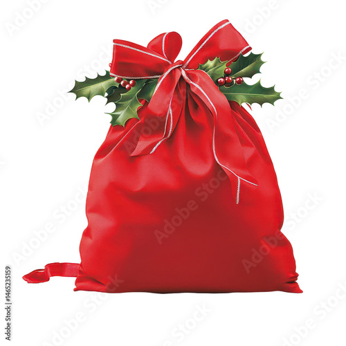 Festive Red Gift Bag: A vividly depicted Christmas gift bag, bursting with potential, adorned with a festive bow, holly and berries, ready to deliver yuletide cheer.