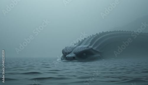 Large sea serpent emerging from misty waters at dawn, creating an enigmatic atmosphere