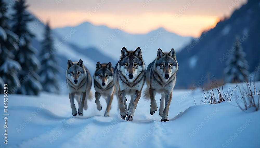 Naklejka premium Pack of five wolves running fast and hunting together through the mountains in winter, front view at dusk, created with generative ai