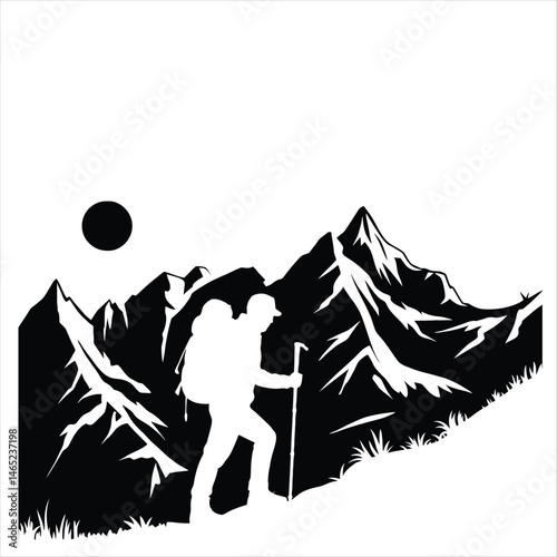 Minimalist black and white silhouette of hikers and climbers in dynamic poses on rugged terrain