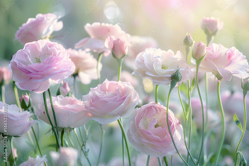 Fototapeta premium Serene pink rose garden at dawn